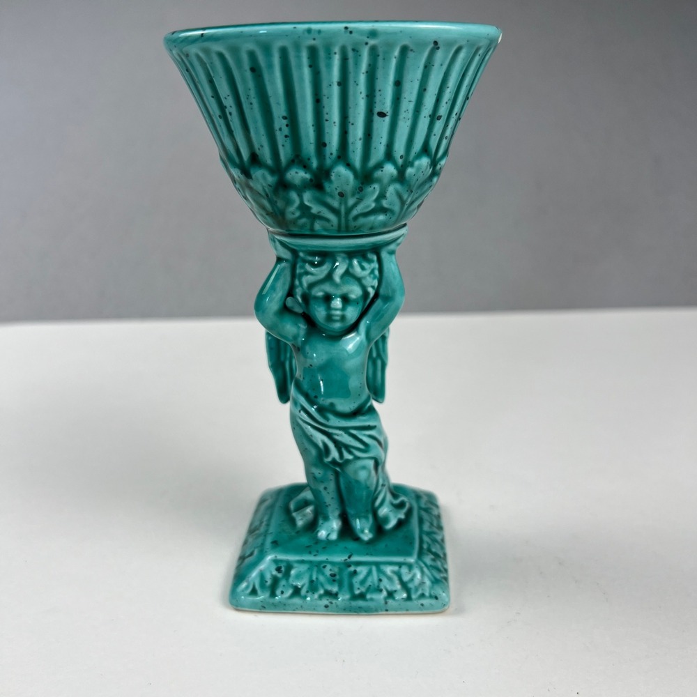Inarco Candlestick Holder Teal Cherub Angel E-2581 MCM Cottagecore Gothic Rococo